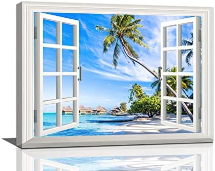 חוף קיר חוף אוקיאנוס תמונות חוף קיר עיצוב דקל עץ דקל חלון חלון נוף בד הדפסים ציור ציור מודרני ממוסגר יצירות אמנות