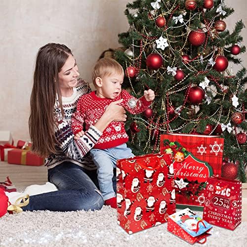 Novnsoi 24 PCS תיקי חג מולד סט בתפזורת לעטיפת מתנות לחג, תיקי פסטיבל למחזור עם איש שלג, איילים,