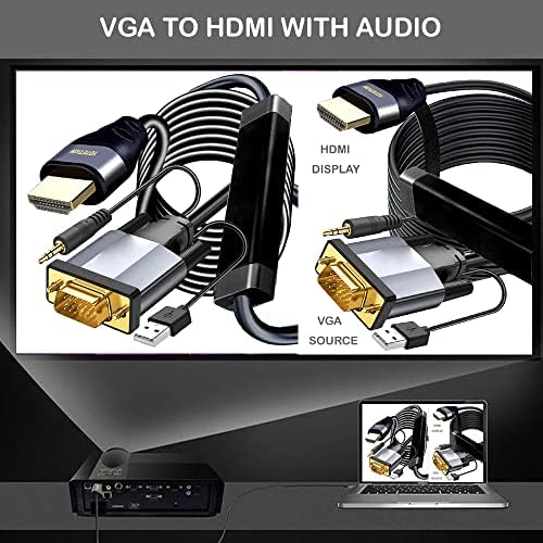 מתאם VGA ל- HDMI 30ft, עם Audio VGA לממיר HDMI VGA לכבל HDMI עם אודיו, מקרן VGA-HDMI Out Out