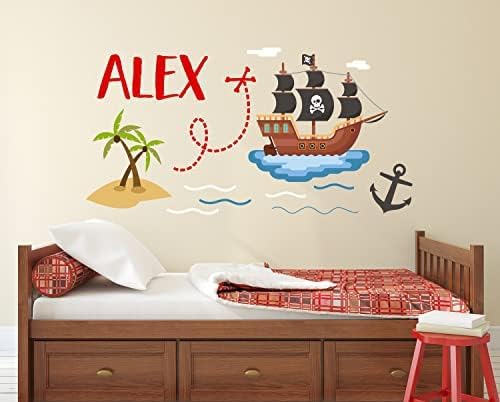 ספינת הנושא של פיראטים מדבקות קיר - שם קיר מותאם אישית מדבקות - עיצוב פיראטים לחדר שינה לילדים - מדבקת מדבקות