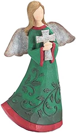 דרך חג אחת בגודל 8 אינץ 'ירוק כפרי חג המולד מלאך מלאך פסלון עם עיצוב הולי מובלט מחזיק צלב-דקורטיבי