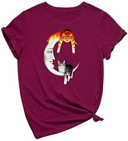 חולצות וינטג 'מצחיקות לנשים חתולים חמודים יושבים על ירח חולצת גרפיקה רופפת בכושר קיץ שרוול קצר צוואר