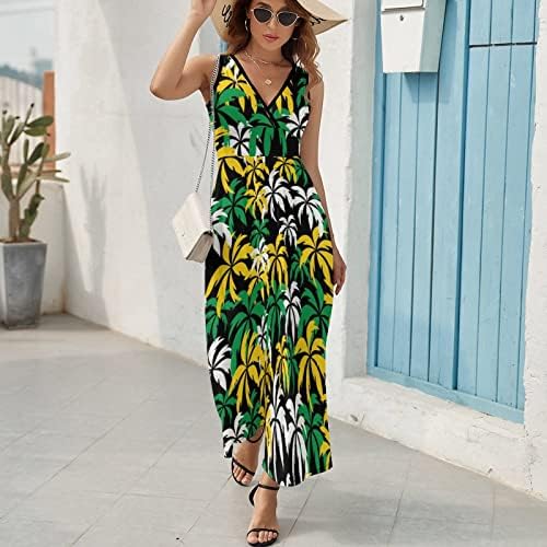 עצי דקל בג ' מייקה צבעים נשים של קיץ ללא שרוולים מקסי שמלות עמוק צוואר רופף ארוך שמלת החוף מזדמן שמלה