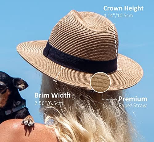 כובע שמש חוף פדורה קש לנשים, כובע פנמה רחב שוליים לאריזה לנשים מעל 50 + כובע קיץ-אבי…