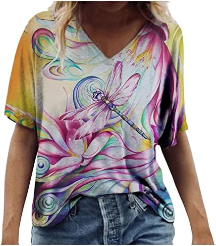 NARHBRG קיץ 3/4 חולצות שרוול צמרות טוניקה נשים בנות נערות מצוירות חמודות הדפס חולצת צוואר עגול בצוואר צבעוני חולצה