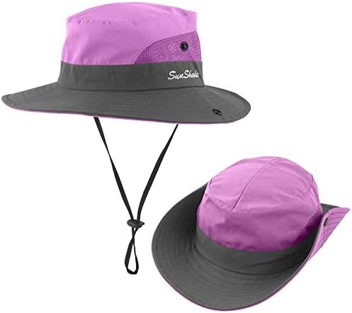 כובע שמש AJG לנשים עם קוקו חור רחב גלי UV הגנה על כובע דלי אריזה כובע דיג חוף חיצוני