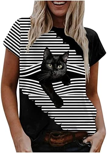 חולצות גרפיות של חתול חמוד של נשים חידוש חידוש מצחיק הדפס תלת מימד חתול שרוול קצר חולצות קיץ חולצות