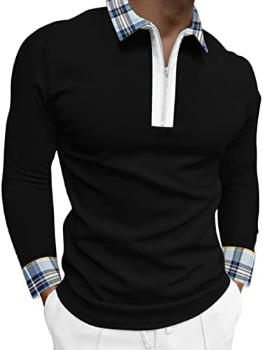 חולצות פולו גולף לגברים של ZDDO, עבודת אופנה טלאי טלאים משובצים משובצים פסים רגילים מתאימים