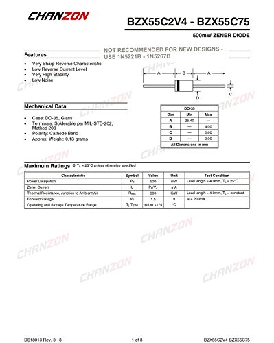 Chanzon BZX55C20 דיודה זנר 0.5W 20V DO-35 דיודות ציריות 0.5 וואט 20 וולט