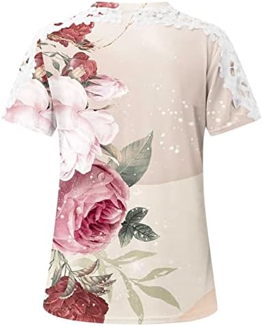 צמרות לנשים 2023 חולצת T מודפסת פרחים תחרה סרוגה סרוג חולצות שרוול קצר