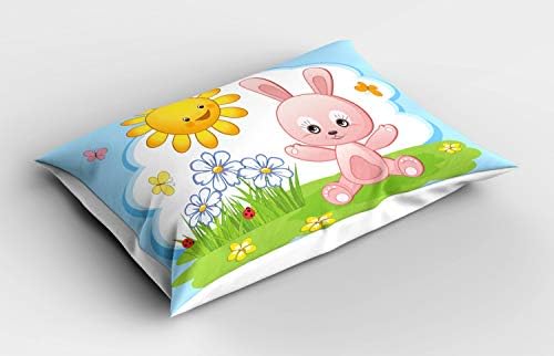 כרית קריקטורה של אמבסון כרית מצוירת, ארנב ארנב בגן פרחים עם גברת שמש שמחה באגיות והדפס פרפר, ציפית כרית