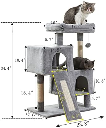חתול עץ חתול מגדל, 34.4 סנטימטרים חתול עץ עם גירוד לוח, 2 יוקרה דירות, חתול תקרת עץ, יציב וקל להרכיב, עבור