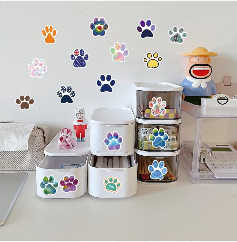 מדבקות הדפסת כפות-60pcs מדבקות צבעוניות מגניבות PVC אטום מים מצוירים חמוד מצוירים לחתול חיות כלבים חבילה לבקבוק