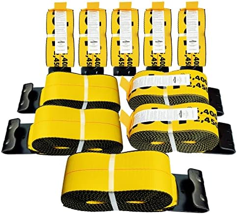 Autofonder 4 חבילות מחגר רצועה למטה עם וו שטוח + 10 רצועות כננת חפיסה 4 x 30 'צהוב כבד קשירה למטה ווים