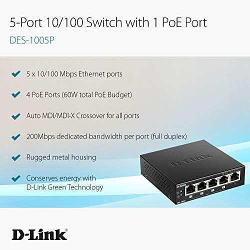 מתג D-Link Ethernet POE, 5 יציאה ללא ניהול עם 4 יציאות POE שולחן עבודה שולחן עבודה או קיר קיר או משחק קיר,