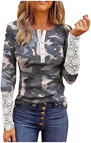 כפתור דק חולצות לנשים הדפסת מצולעים ארוך שרוול הנלי חולצות חולצות מקרית טוניקות סוודר חולצות