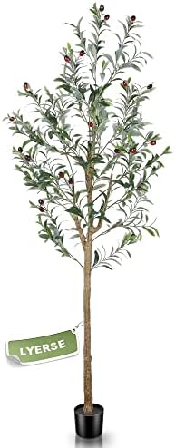 Lyerse 5ft עץ זית מלאכותי גבוה עציץ זית מזויף עץ משי זית עם אדנית ענפי זית פו גדולים ופירות עץ