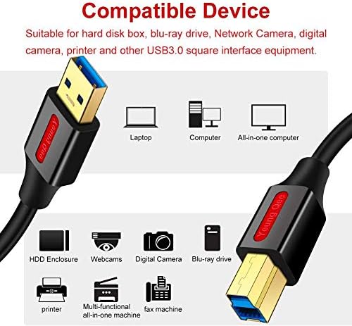 Yeung Qee USB 3.0 כבל זכר ל B זכר 10 ft, superspeed USB 3.0 מסוג A עד B כבל זכר התואם למדפסות, תחנת עגינה, נהגים