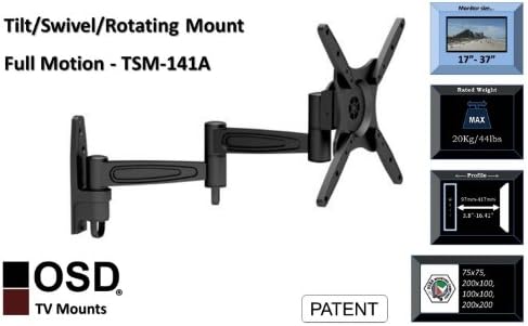 OSD Audio TSM-141A זרוע כפולה תנועה מלאה אלומיניום קיר קיר עם עיצוב אנטי-גניבני לטלוויזיה 17 -37