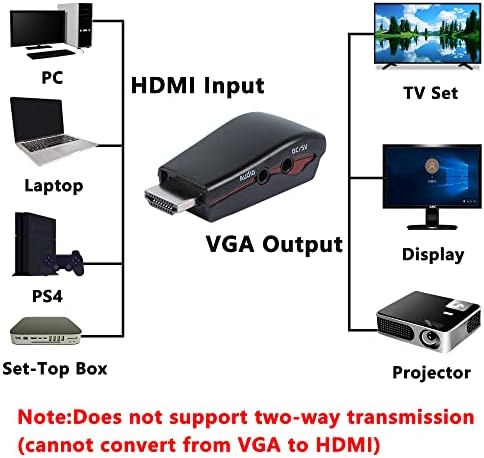 Gelrhonr HDMI ל- VGA עם מתאם שמע, HDMI זכר ל- VGA נשי ממיר HD תמיכה 480p/576p/720p/1080p עם כבל שמע