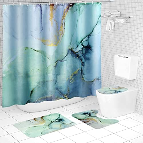 APPREKT 4 יחידות וילון מקלחת שיש כחול עם שטיחים, וילונות אמבטיה מקלחת עם שטיח לא החלקה ， וילון