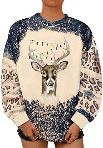 חולצת טי נמר שרוול ארוך לנשים עצי חג מולד סוודר צמרות פתית שלג מודפסת סוודר קפוצ'ונים מוגזמים