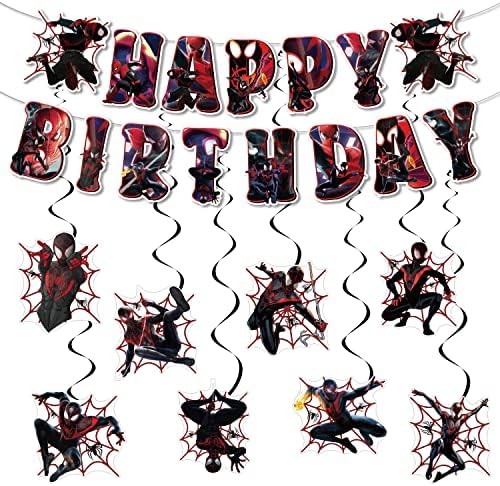 מיילס מוראלס יום הולדת קישוטי קריקטורה עכביש מסיבת קישוטי באנר ותלוי מערבולות עבור ילד, בנים ובנות שחור