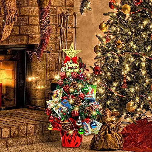17.7 '' שולחן שולחן מיני חג המולד עץ חג המולד עם אורות עיצוב חג המולד מנצ'דה עצי חג מולד מלאכותיים עם אורות