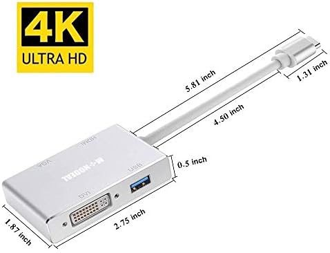 מתאם Monodeal USB C ל- HDMI/DVI/VGA, 4 ב 1 USB 3.0 Type-C Hub VGA/HDMI/DVI מתאם וידאו, 4K UHD זכר לנקבה