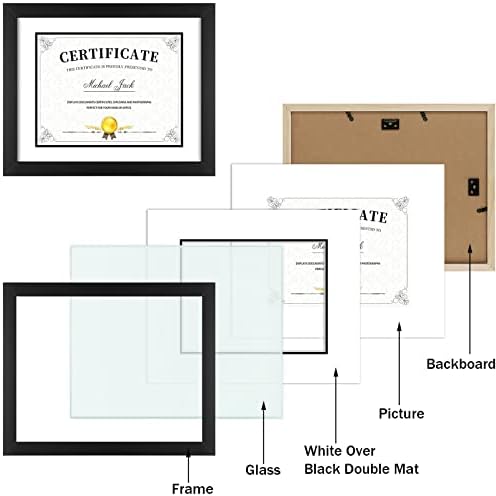 Frametory, 11x14 מסגרת תעודה שחורה בעץ מלא, מציג 8.5x11 מסמכים/תעודות עם מחצלת או 11x14 ללא מחצלת - זכוכית