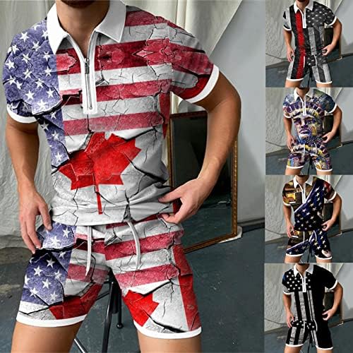 2 חלקים מגברים אמריקאים דגל טשפ חולצת תלבושות מודפסות בקיץ חולצות שרוול קצר מזדמן ומכנסי חוף מסוגננים