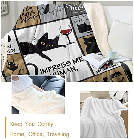 Sleepwish מצחיק שמיכה לחתול שחור מתנות לאוהבי יין חתולים ילדה, חתול שחור יין אדום זורקים שמיכות קטיפה למבוגרים