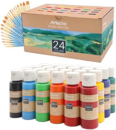 סט ארטצ'ו אקריליק סט צבע, 24 בקבוקי צבעי בסיסיים עם 20 מברשות צבע, צבעי מלאכה לאמנות לציור בד, סלע, ​​אבן, עץ,