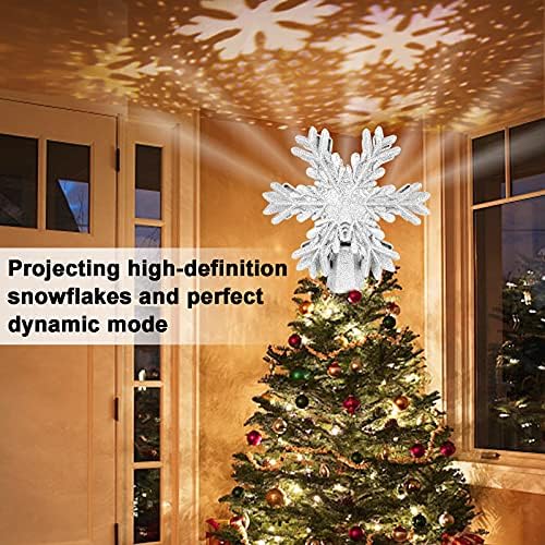 טופר עץ חג המולד של Cengoy מואר, קישוטים מכסף סיבוב מקרן LED פתית שלג 3D נצנצים חלולים מוארים, 8.7*8.3*3