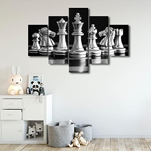 שחור ולבן מלך 5 חתיכות בד אמנות קיר תפאורה מודרני שחור ולבן מלך ואביר של שחמט ציור קיר אמנות לבית