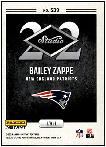 ביילי זאפה RC 2022 טירון סטודיו מיידי של פאניני /911S39 ננומטר+ -MT+ NFL כדורגל פטריוטים