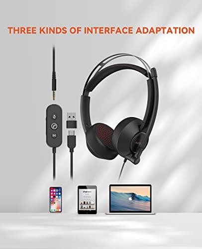 אוזניות קוויות של נורום, אוזניות אוזניות כפולות עם מיקרופון מבטל רעש, על אוזניות מחשב אוזניות עם בקרת קו, USB/Type-C,