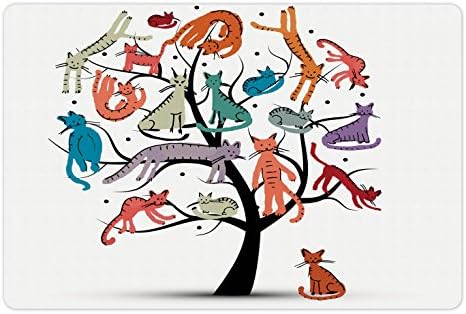 מחצלת חיות מחמד מצוירת של אמבסון למזון ומים, עץ חתולים חתולים שונים על הענפים כפות קטנות עבודות