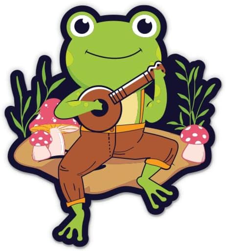 צפרדע חמודה מנגנת מדבקה של בנג'ו - מדבקת מחשב נייד 3 אינץ ' - ויניל אטום למים לרכב, טלפון, בקבוק מים - מדבקות